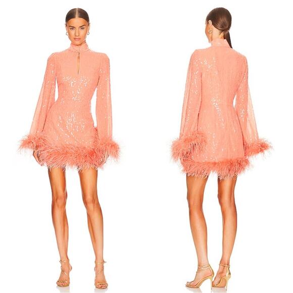 Sau Lee Dresses & Skirts - Sau Lee Bianca Sequin Feather Hem Long Sleeve Peach Pink Mini Dress Size 4